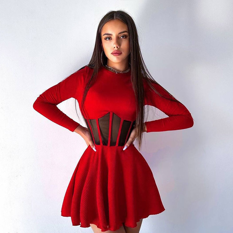 Women Half High Collar Long Sleeves h Fishbone Tight Waist Short Dress